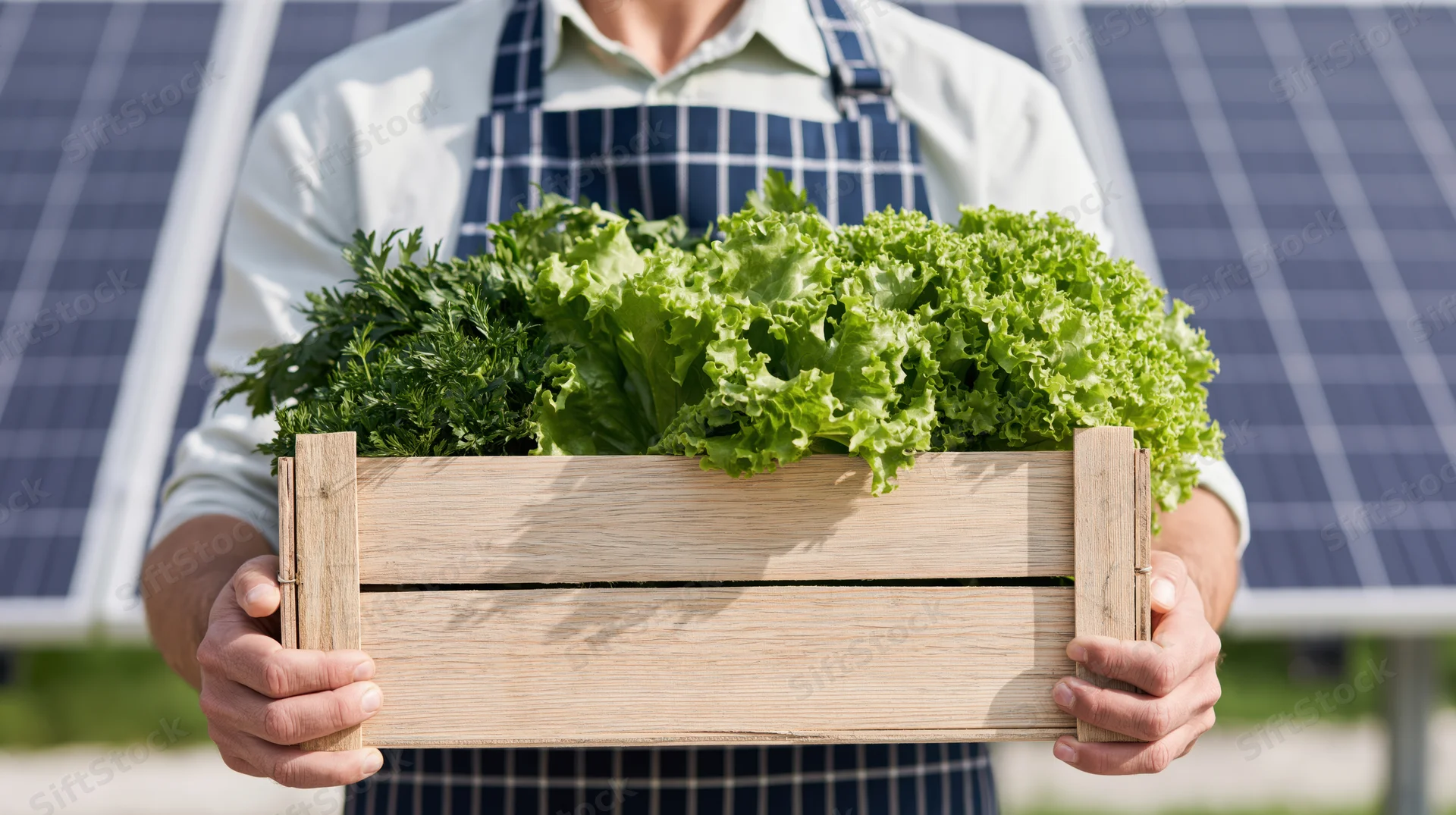 Man holding wooden crate filled with fresh lettuce and herbs in front of solar panels