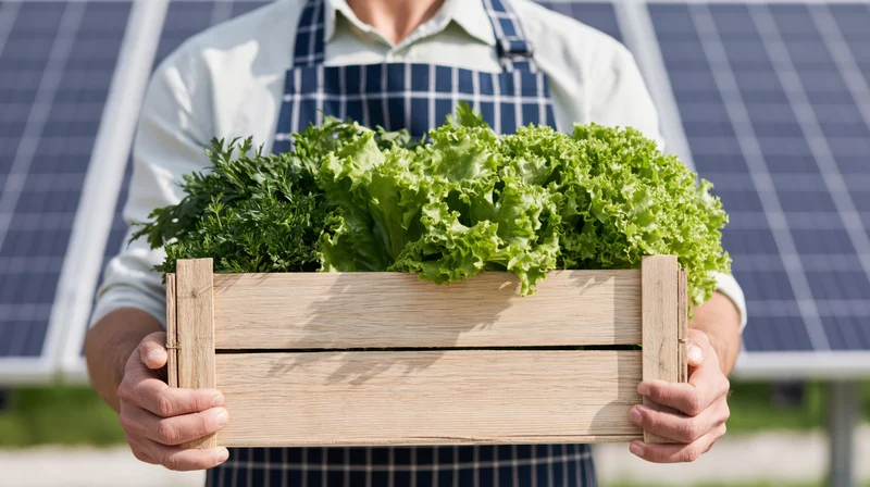 Man holding wooden crate filled with fresh lettuce and herbs in front of solar panels