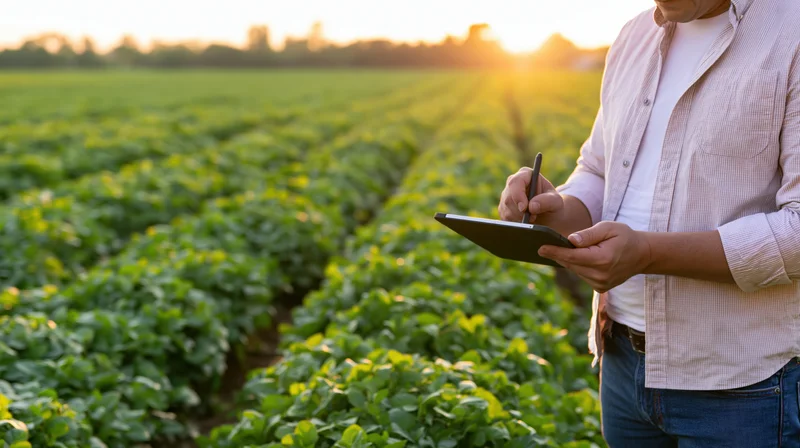 Farmer using tablet with stylus in a green crop field at sunset