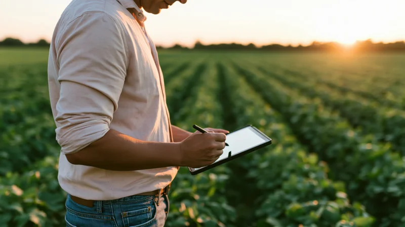 Farmer using tablet for crop inspection in a field at sunset