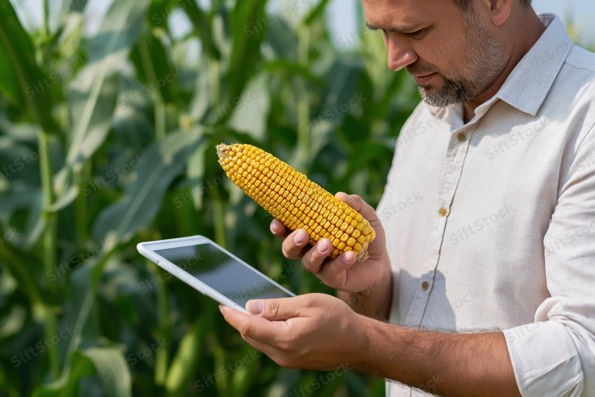 Farmer inspecting corn cob while using tablet in field