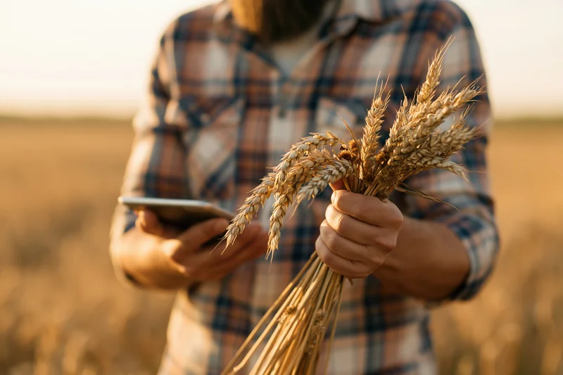 Man holding wheat stalks and smartphone in a field at sunset