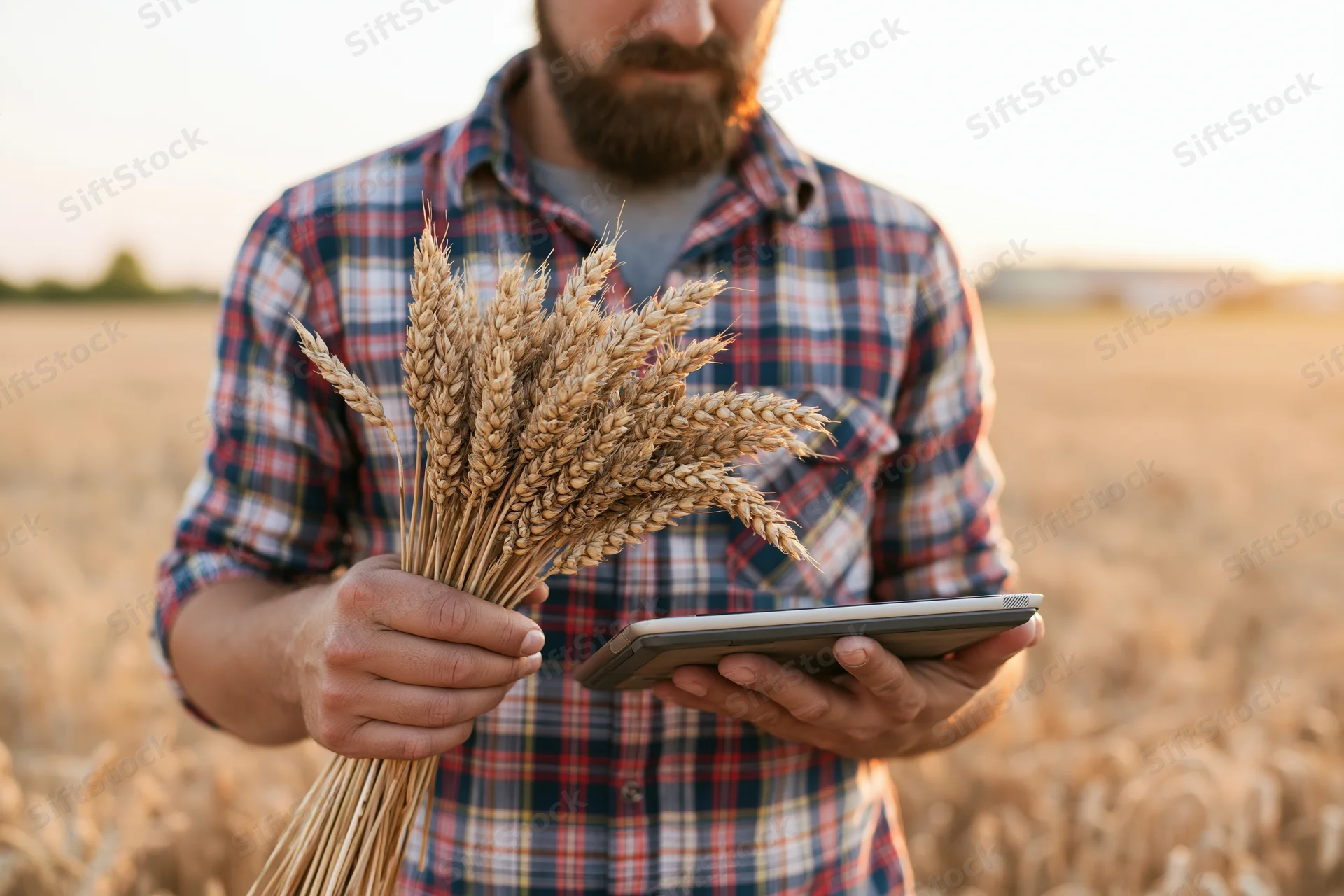 Farmer holding wheat stalks and tablet in a field