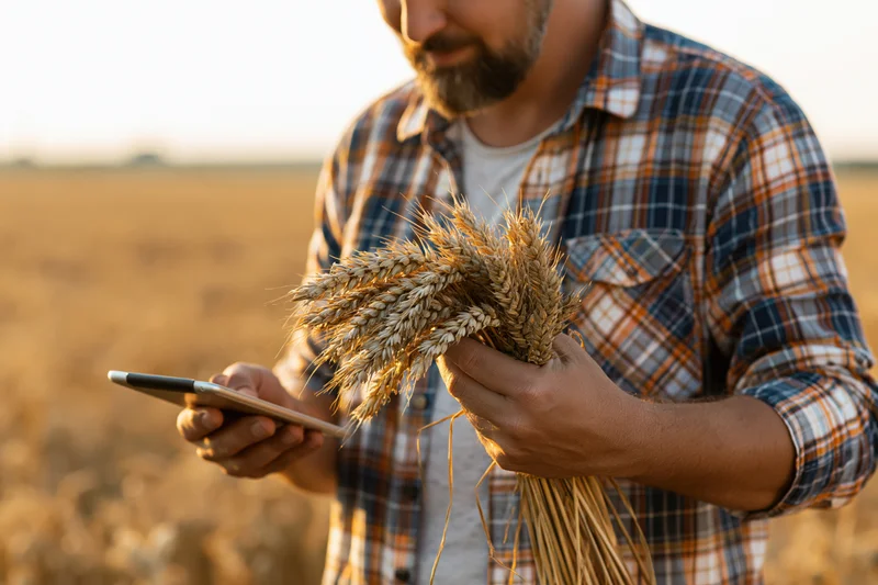 Farmer holding wheat stalks and using smartphone in a field at sunset