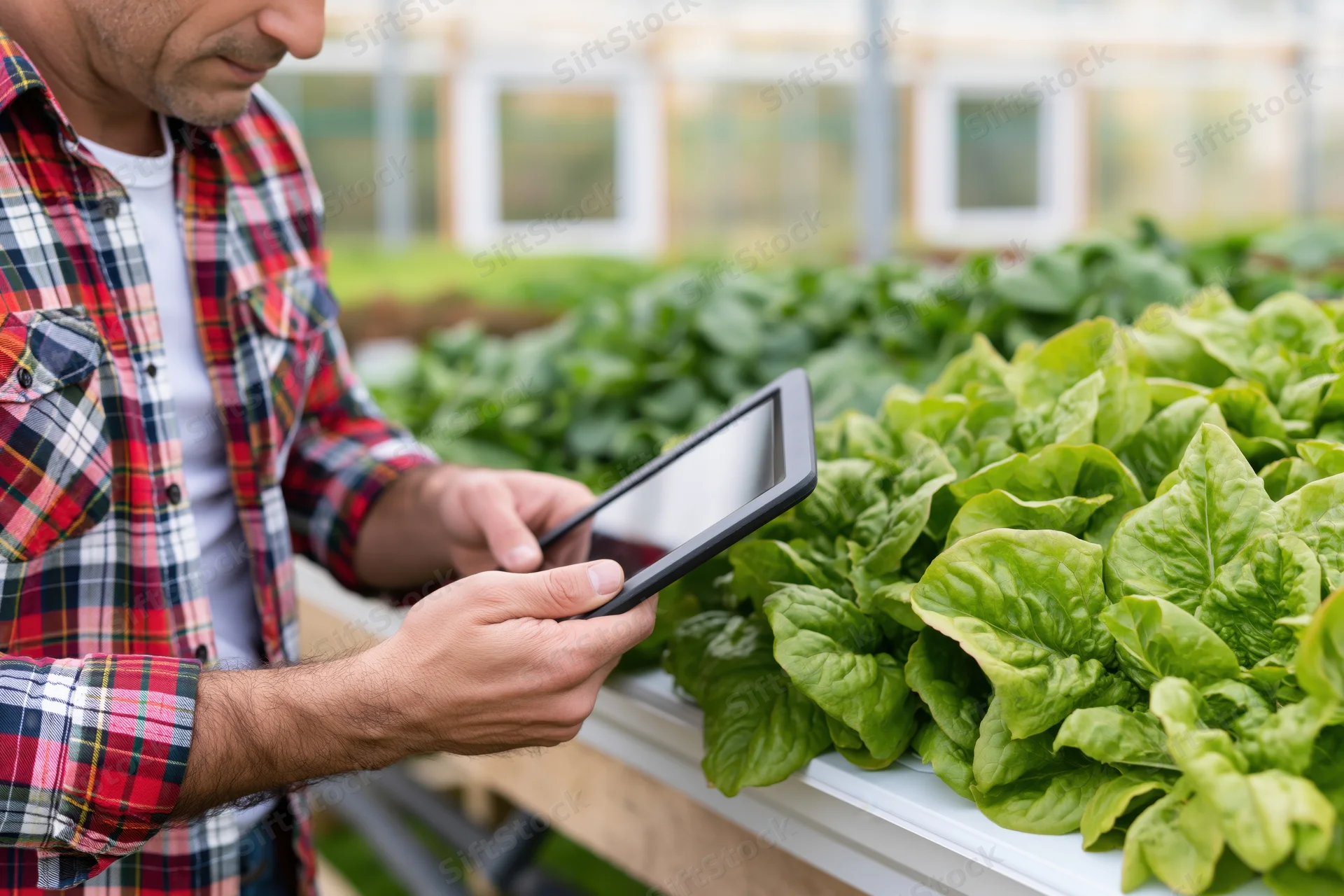 Man using tablet to inspect lettuce in greenhouse hydroponic farm