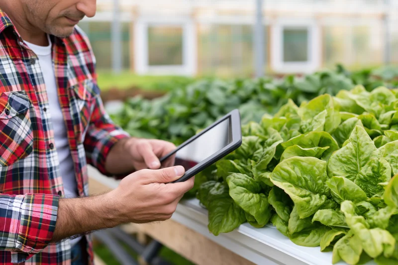 Man using tablet to inspect lettuce in greenhouse hydroponic farm