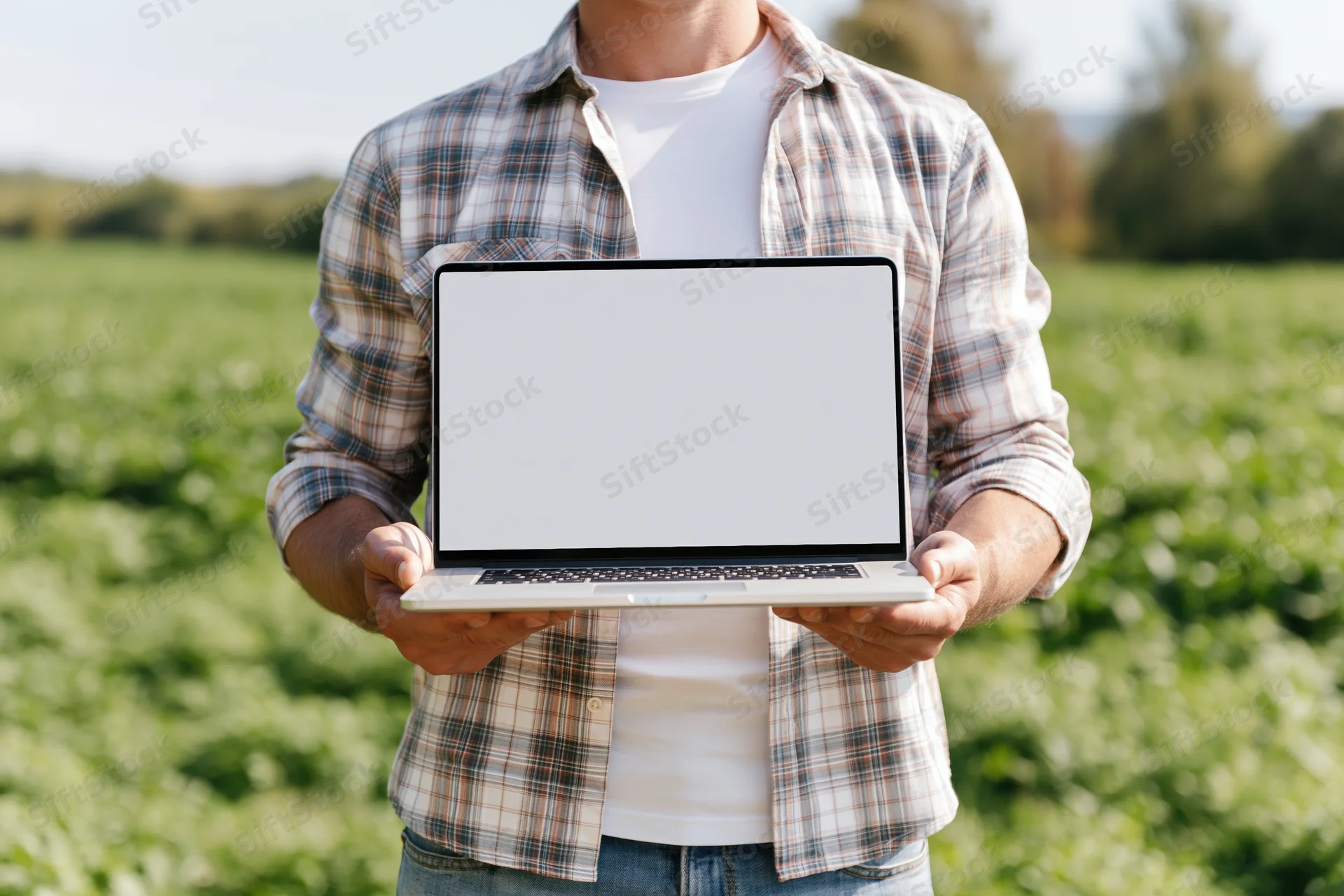 Man holding open laptop with blank screen in a green field