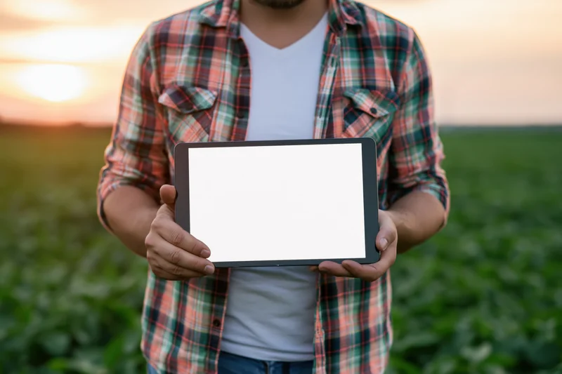 Man in plaid shirt holding tablet with blank screen in a field at sunset