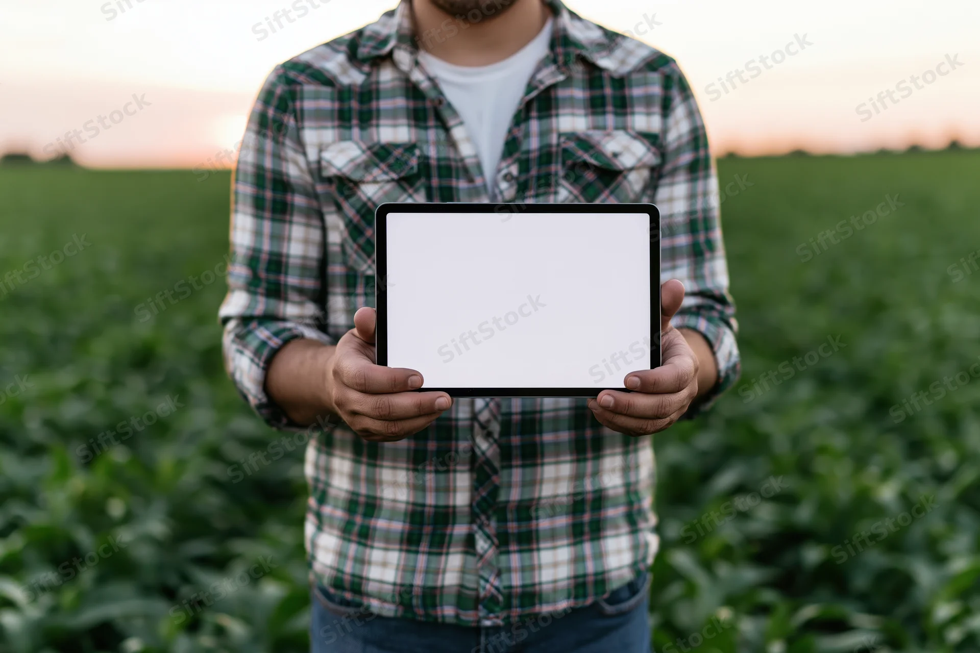 Man in plaid shirt holding tablet in a green field at sunset