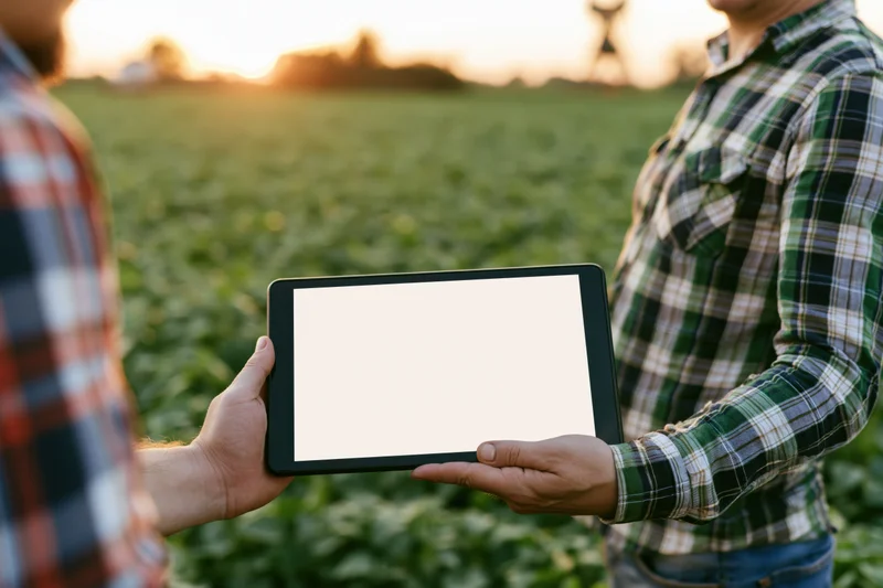 Two farmers holding a tablet with blank screen in a crop field at sunset