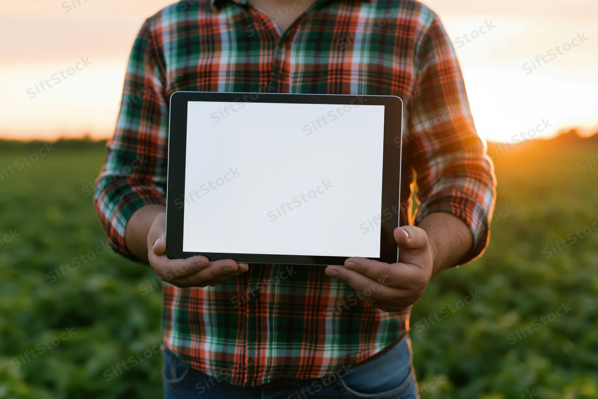 Farmer holding tablet with blank screen in a green field at sunset