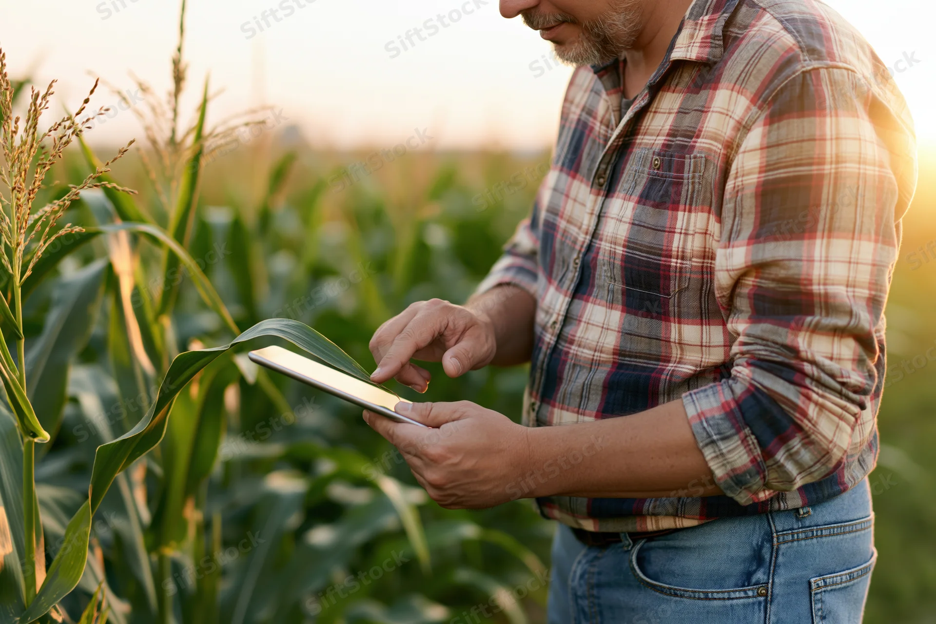 Farmer inspecting corn plant with tablet in field at sunset