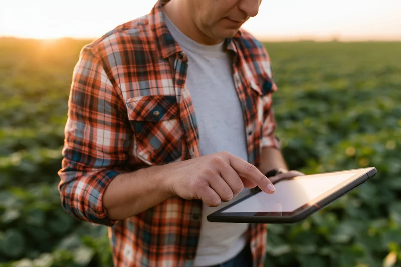 Farmer using tablet in a field at sunset
