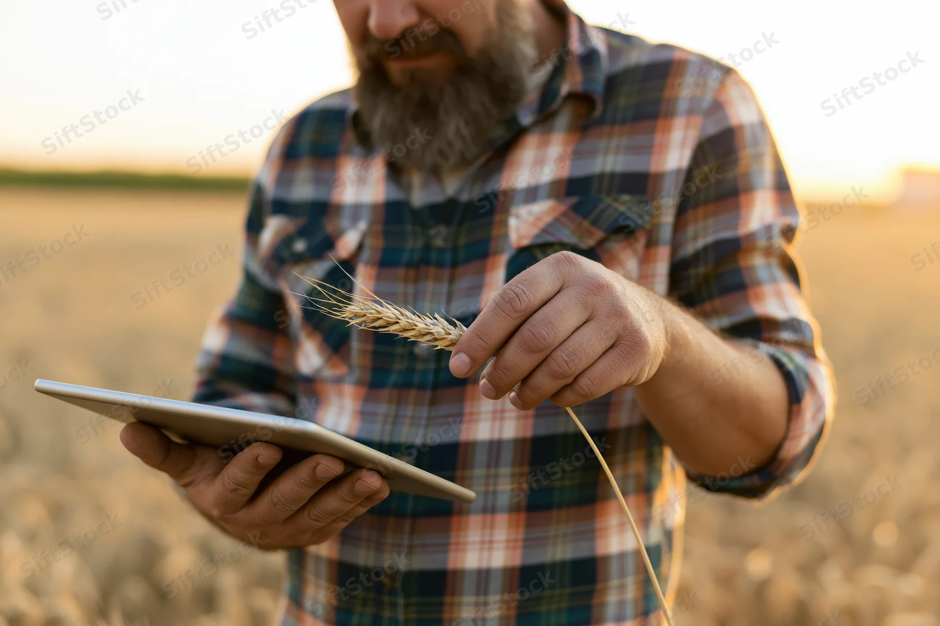 Farmer inspecting wheat stalk while holding tablet in field at sunset
