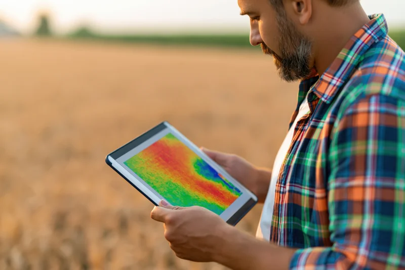 Man in plaid shirt holding tablet with heatmap data in a field