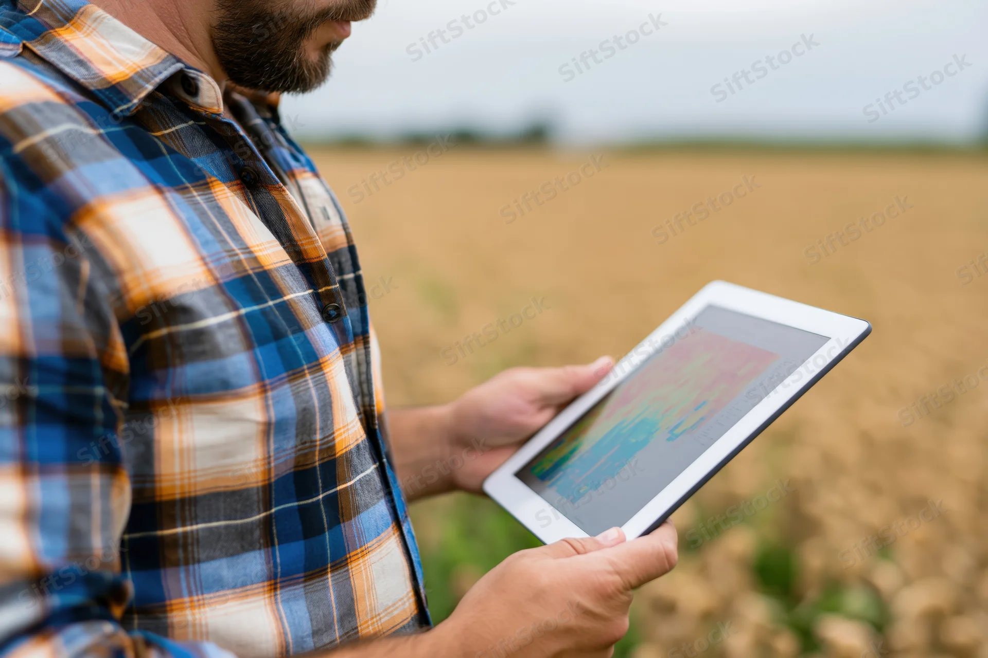 Farmer using tablet for crop analysis in a field