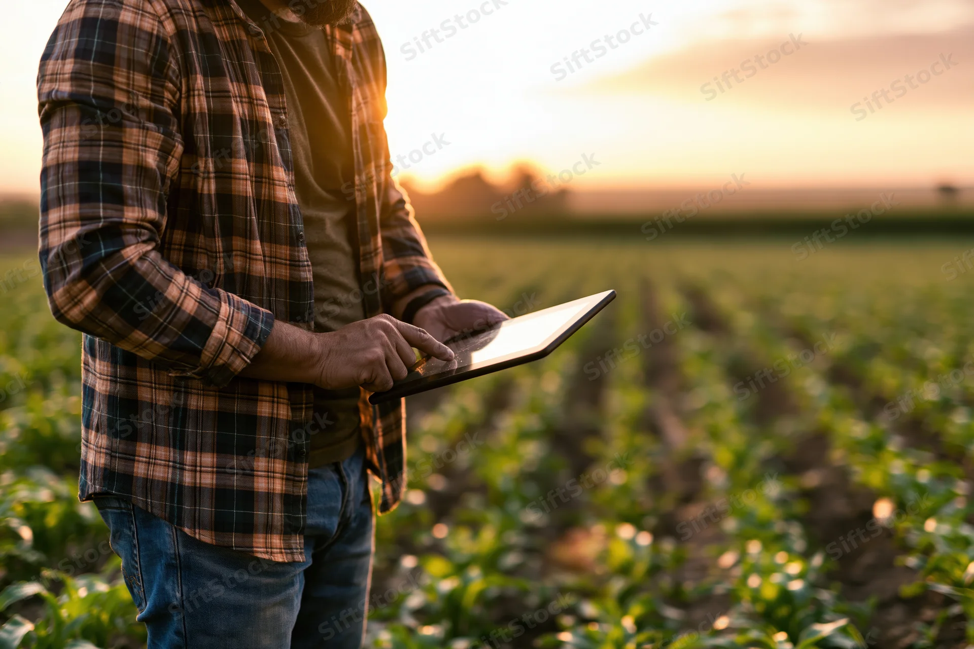 Farmer using tablet in a crop field at sunset