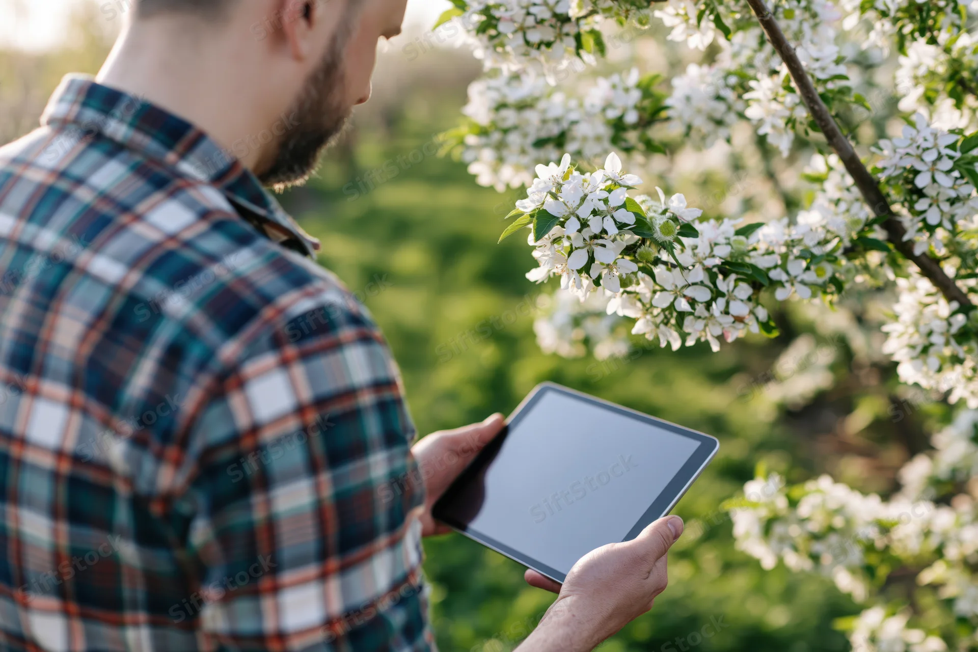 Man holding tablet inspecting blossoming apple tree in orchard
