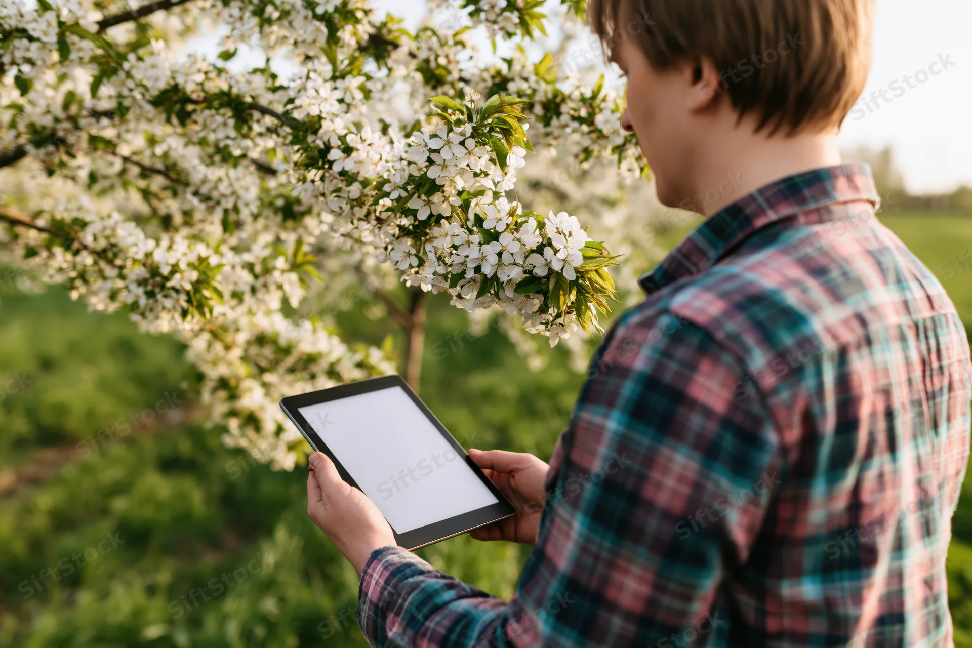 Young man holding tablet outdoors near blooming cherry tree in spring garden