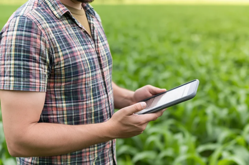 Farmer holding tablet in a green cornfield during crop inspection