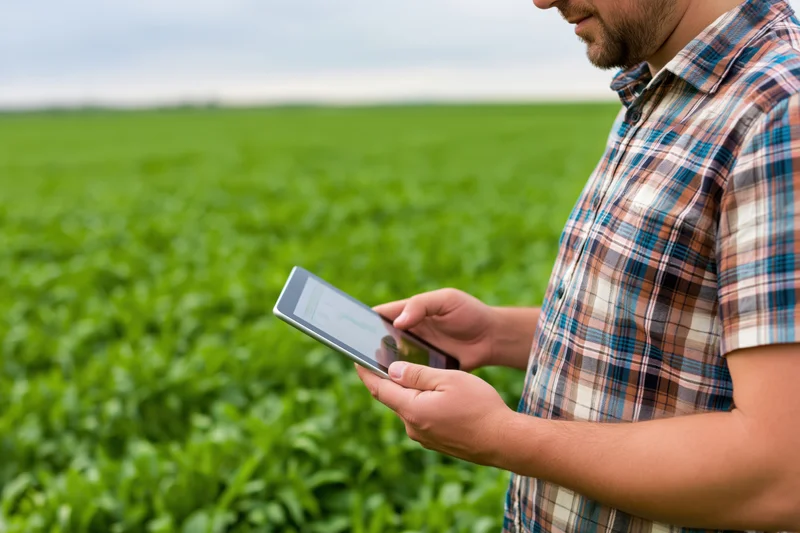 Man using tablet to monitor crop growth in a green field