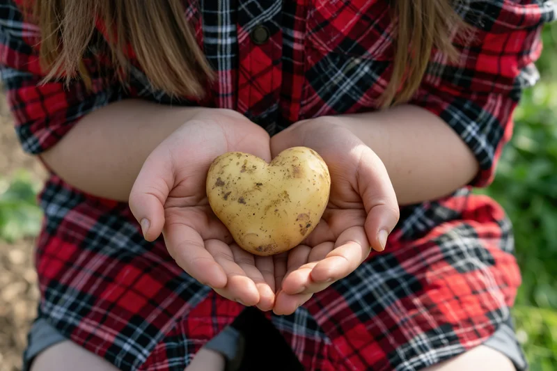 Child holding heart-shaped potato in hands in garden