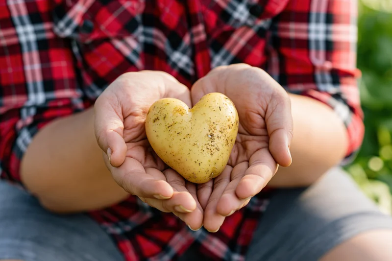 Person holding heart-shaped potato in hands outdoors in garden