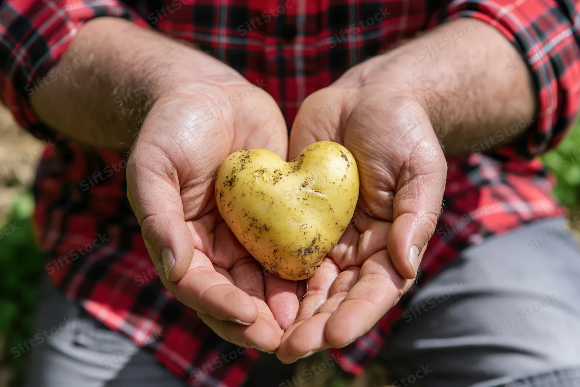 Man holding heart-shaped potato in cupped hands outdoors