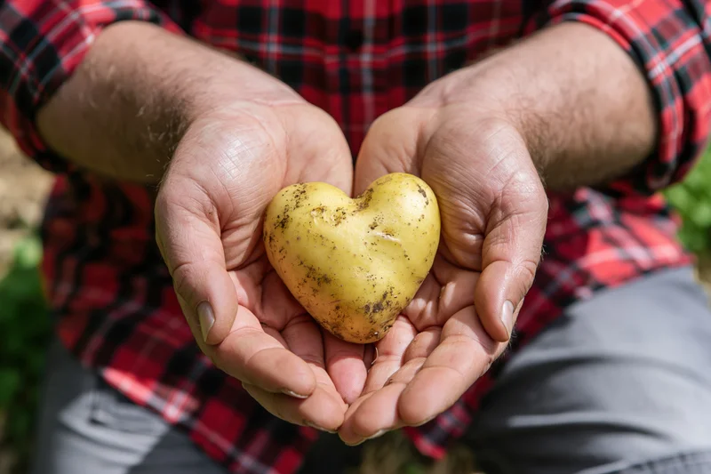 Man holding heart-shaped potato in cupped hands outdoors