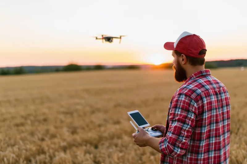 Man operating drone over wheat field at sunset