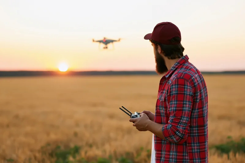Man operating drone with remote in wheat field at sunset
