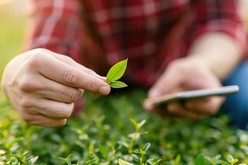 Person holding a leaf and smartphone while inspecting plants in a garden