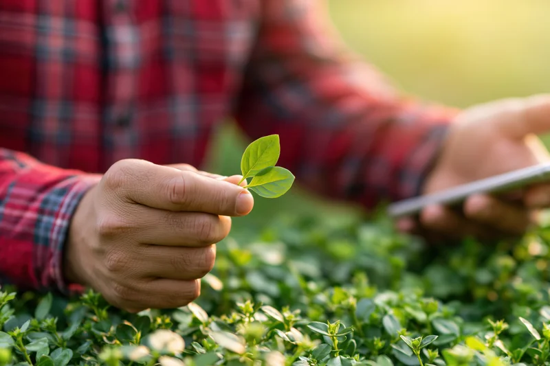 Farmer inspecting a leaf in a tea field while holding a smartphone
