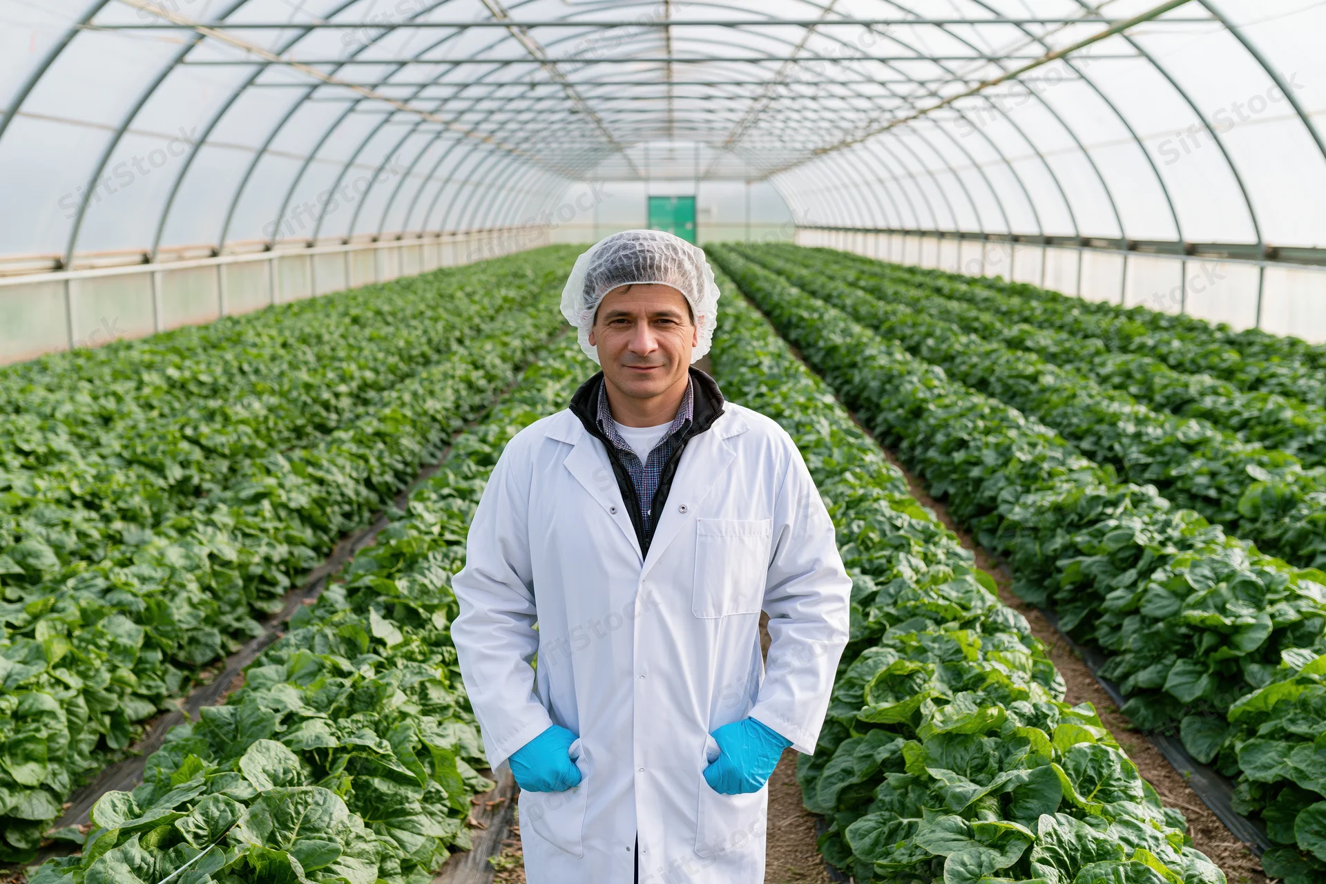 Man in lab coat and hairnet standing in greenhouse with rows of leafy plants