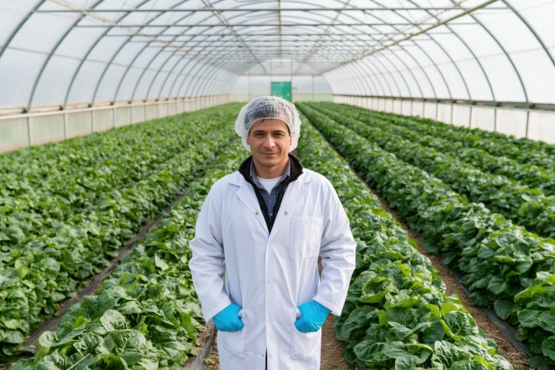 Man in lab coat and hairnet standing in greenhouse with rows of leafy plants
