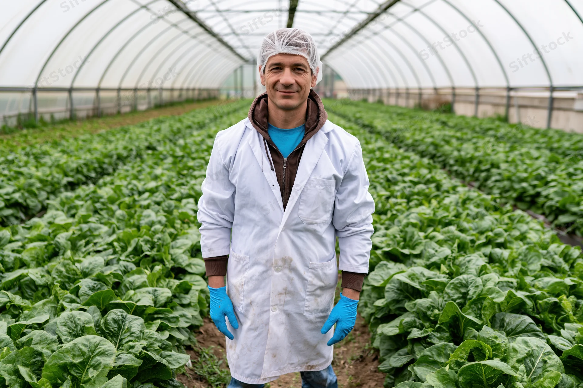 Man in lab coat and gloves standing among rows of lettuce in a greenhouse