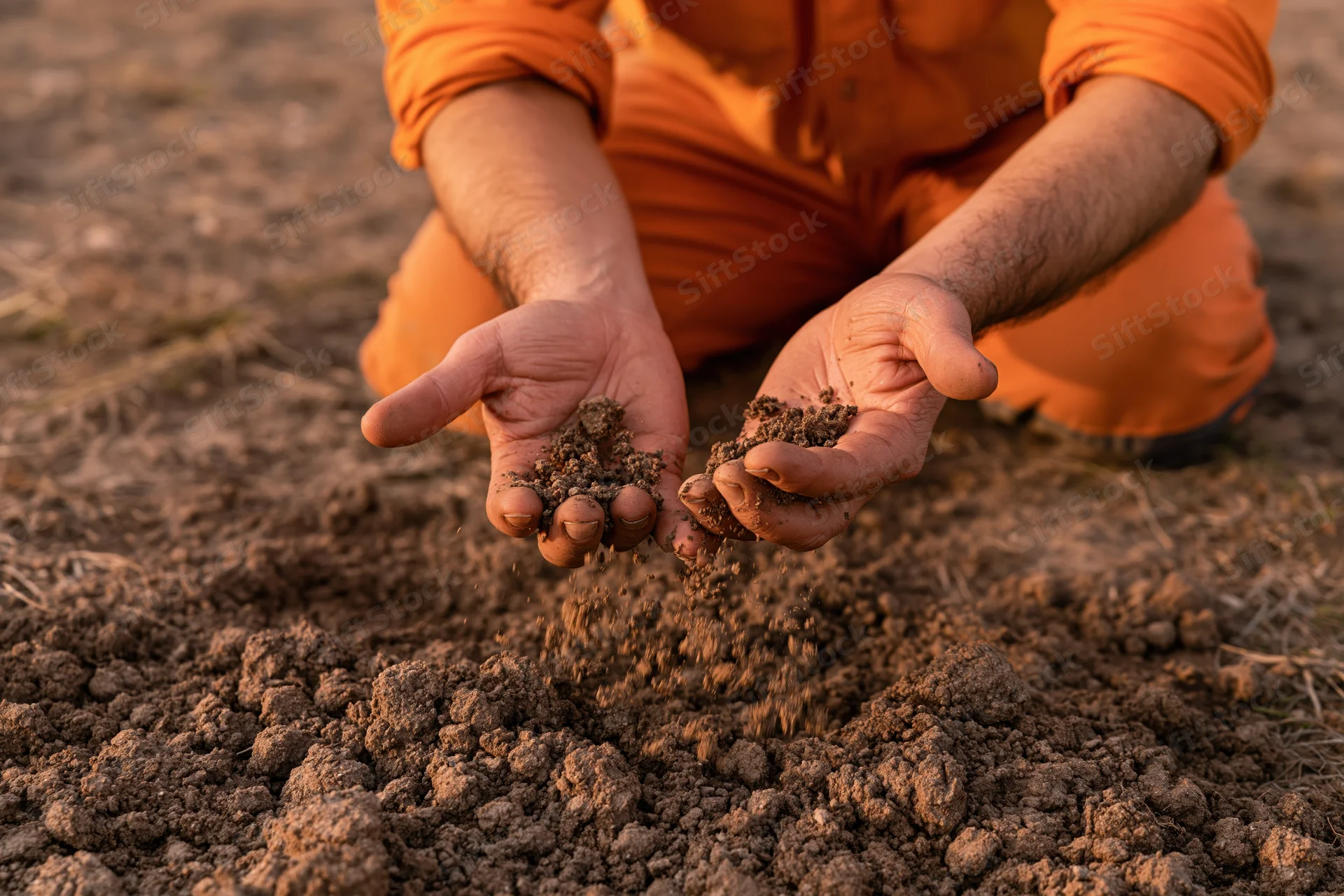 Farmer holding soil in hands over tilled field