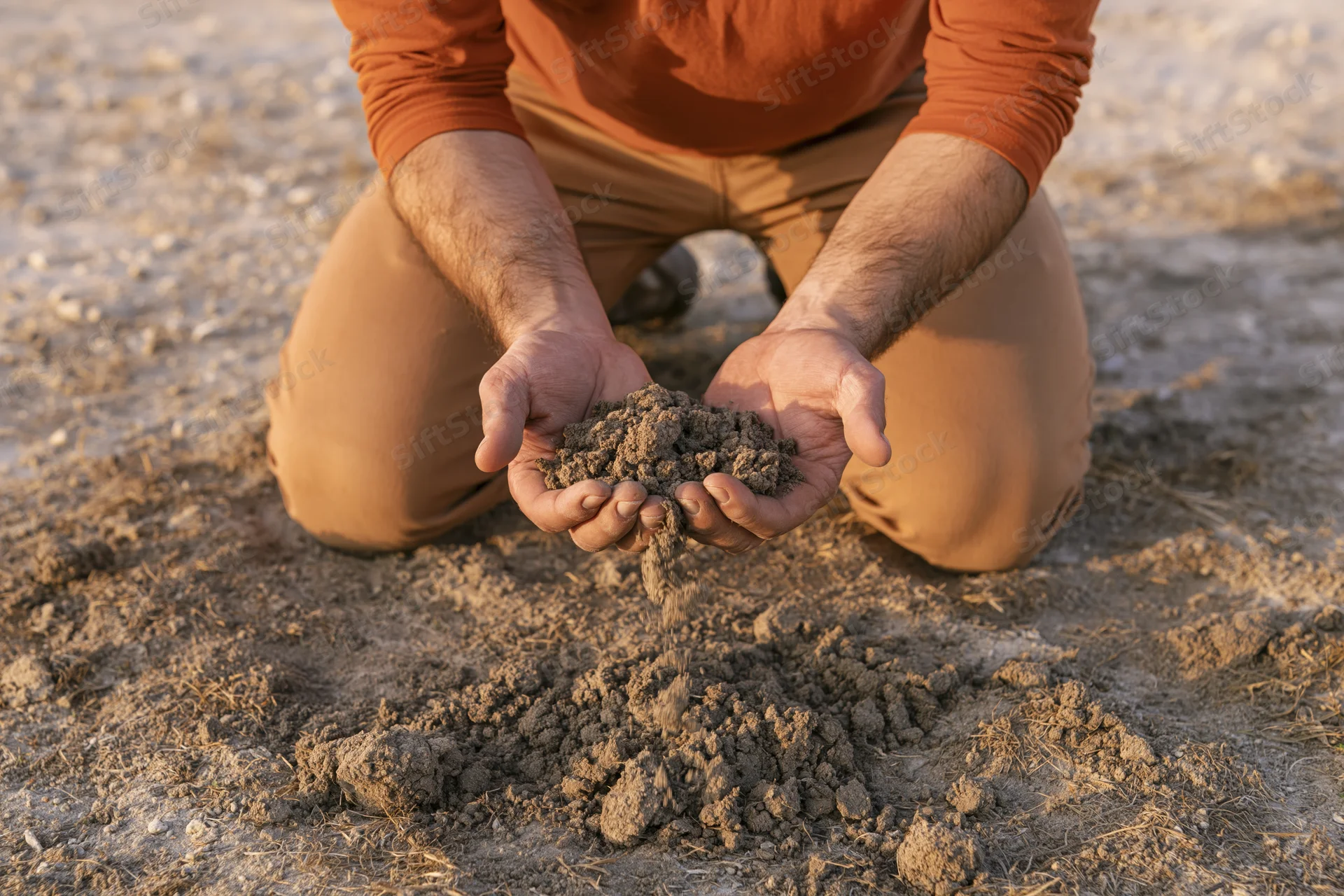 Farmer kneeling in field holding soil in hands, examining earth texture