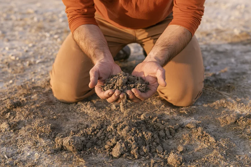 Farmer kneeling in field holding soil in hands, examining earth texture