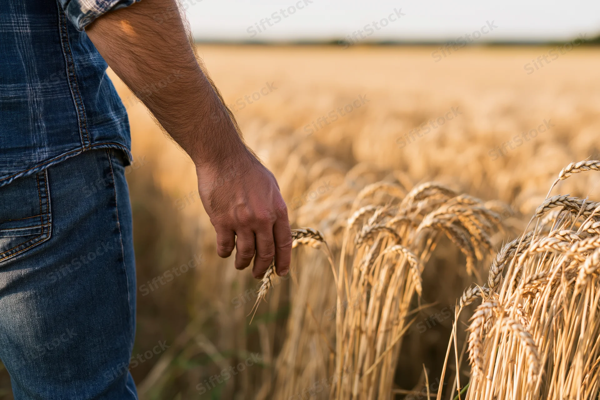 Man touching wheat stalks in a golden field at sunset