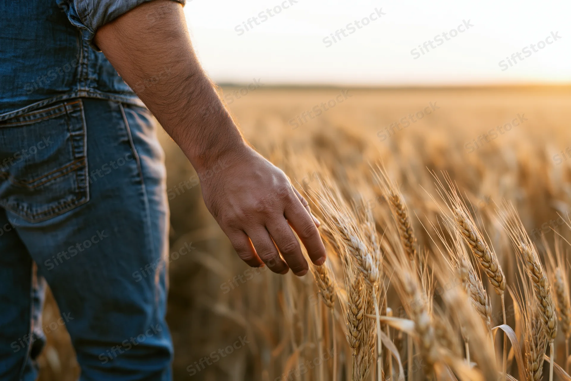 Farmer’s hand gently touching wheat stalks in a golden field at sunset