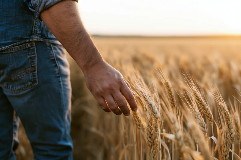 Farmer’s hand gently touching wheat stalks in a golden field at sunset