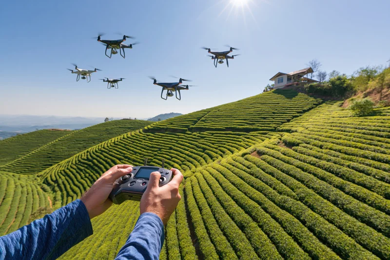 Hands holding drone controller over terraced tea fields under bright sun