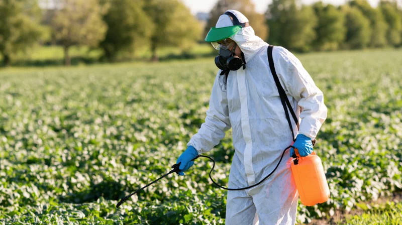 Farmer in protective suit spraying pesticide in a green field