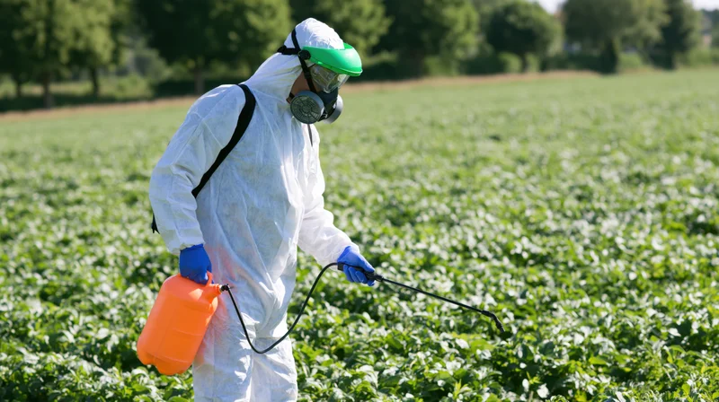 Farmer in protective suit spraying pesticide on a green crop field