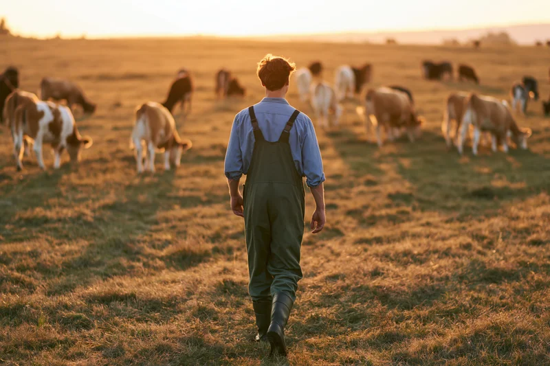 Man in green overalls walking through a pasture with grazing cattle at sunset