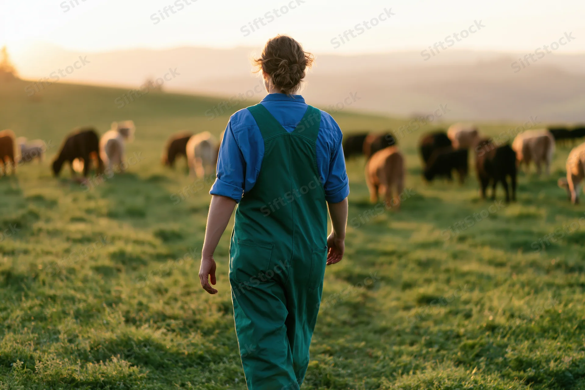 Woman in green overalls walking through a pasture with grazing sheep at sunset