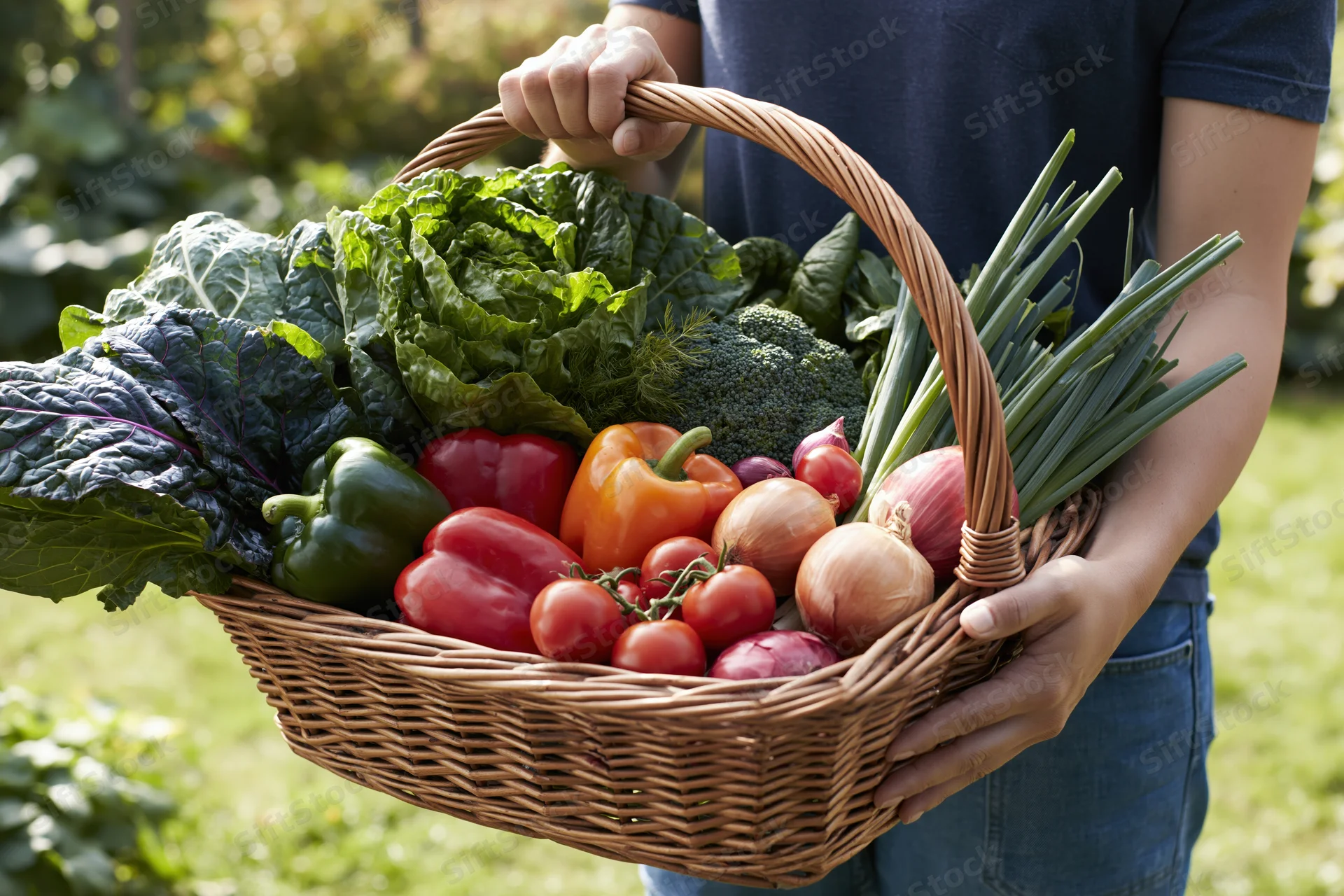 Woman holding a wicker basket filled with fresh vegetables in a garden