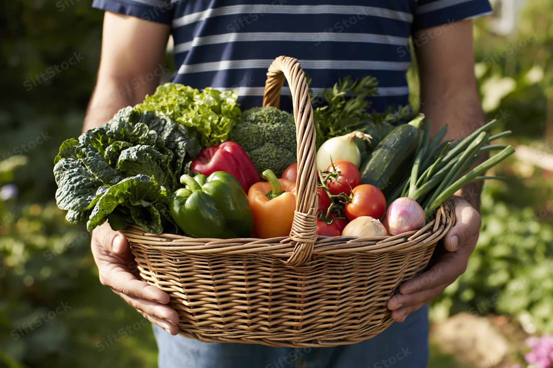 Person holding a woven basket filled with fresh vegetables in a garden