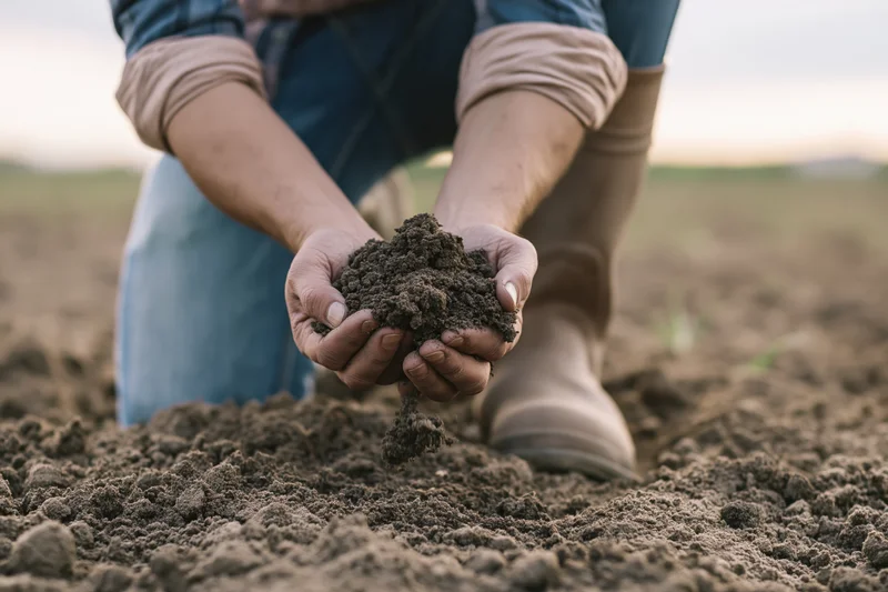 Farmer holding soil in hands while kneeling in a field